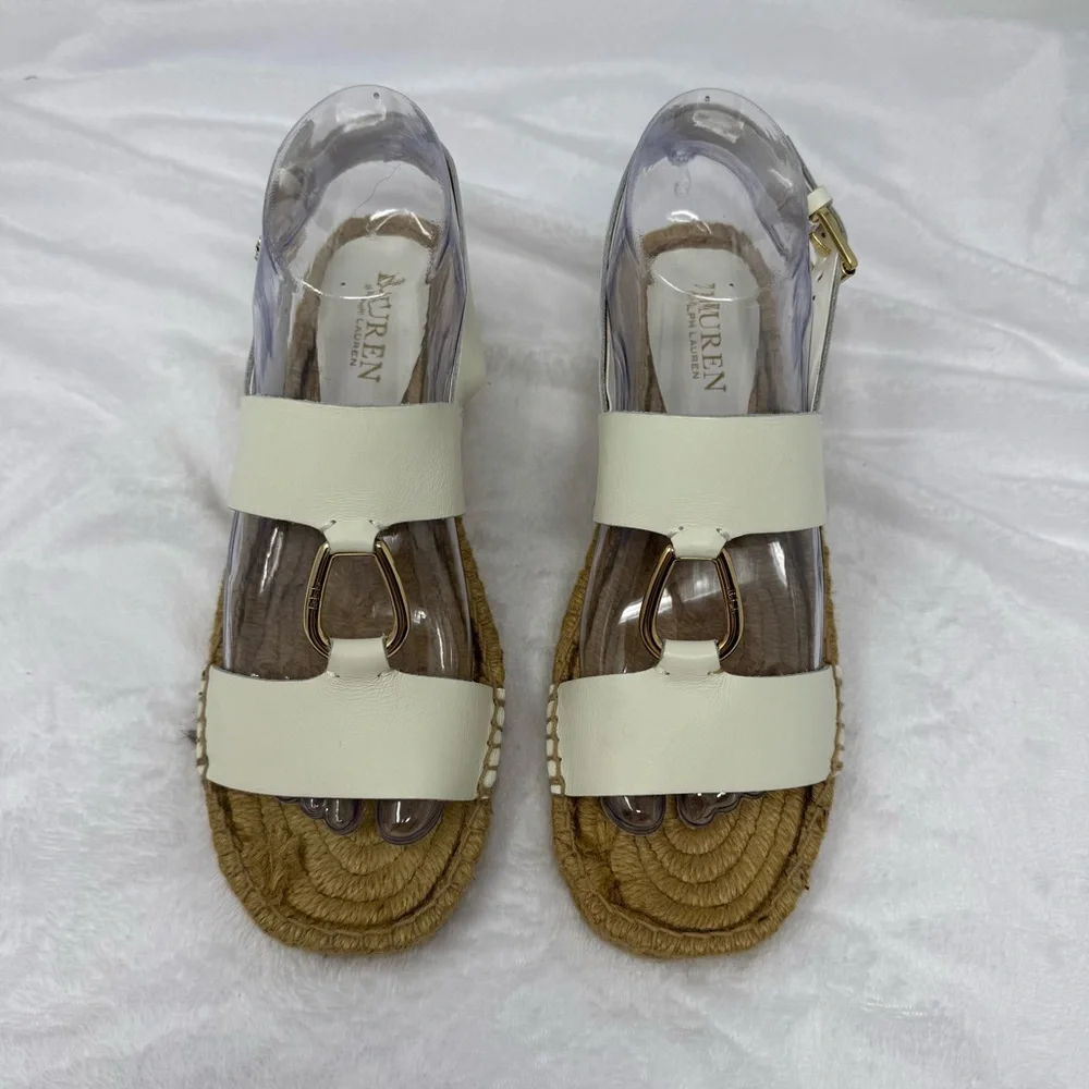 Lauren Ralph‎ Lauren White Leather Bena Wedge Espadrilles Size 7.5 Gold-tone